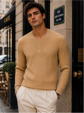 Courrèges Homme Paris Sweater Mens L Vtg Old Money France Wool Blend Tan V Neck